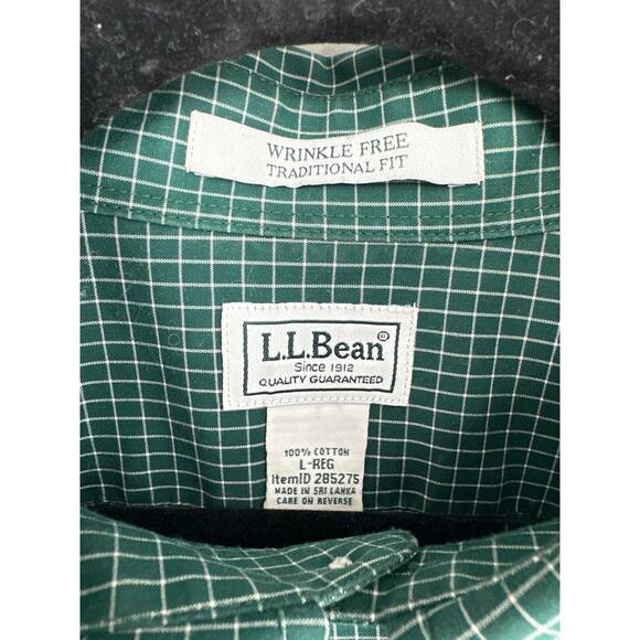 LL Bean Shirt Mens Large Green Plaid Button Wrinkle Free Ultrasoft Windowpane - Picture 2 of 5